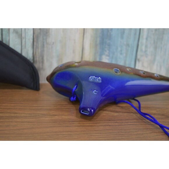 STL Ocarina 12 Hole Alto C Ceramic Flute Blue Brown Earth Glaze w/ Case & Strap - Picture 11 of 12